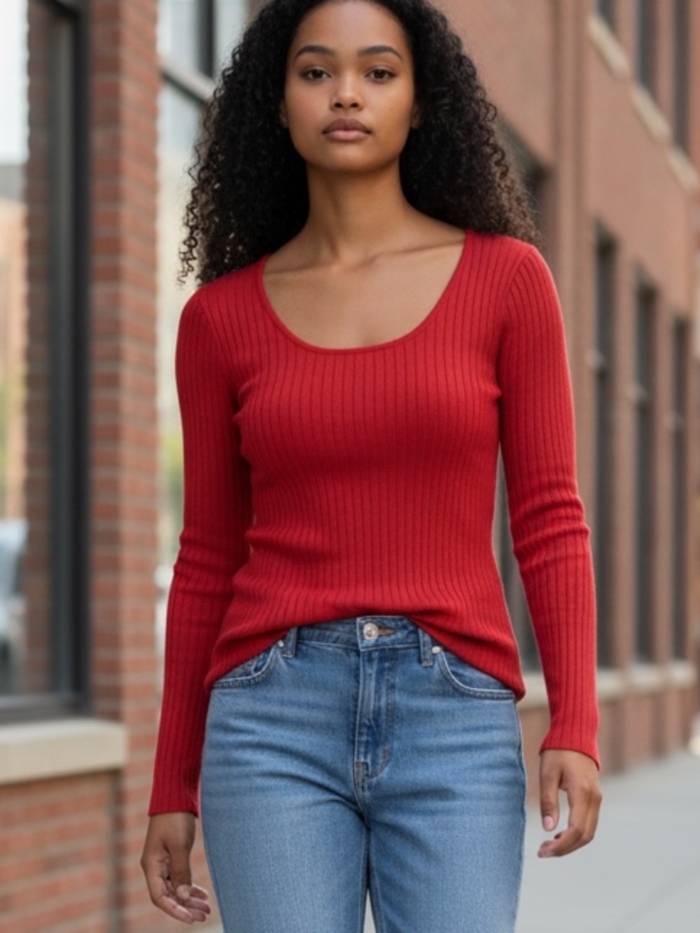 Pout • Red Ribbed Scoop Neck Fitted Sweater Top • Size M